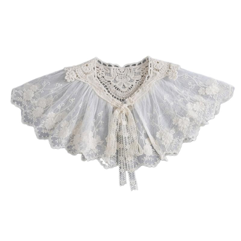 Women Girls Vintage Lolita False Fake Collar Shawl Sweet Ruffles Lace-Up Bow Decorative Necklace Choker Short Poncho