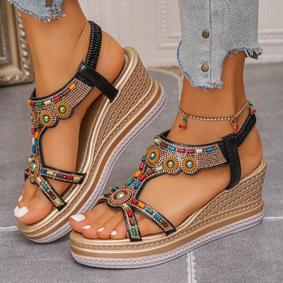 Fashion Women's Colorful Beaded Bohemian Wedge Sandals Thick Sole Non Slip Summer Beach Shoes Woman Retro Flower Chunky Platform Sandals