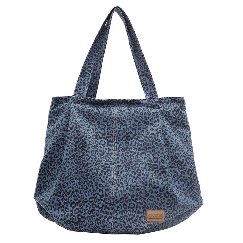 Denim Shoulder Bag Women's Large Capacity Shopping Bag Leopard Print Tote Bag Student Commuter Bag