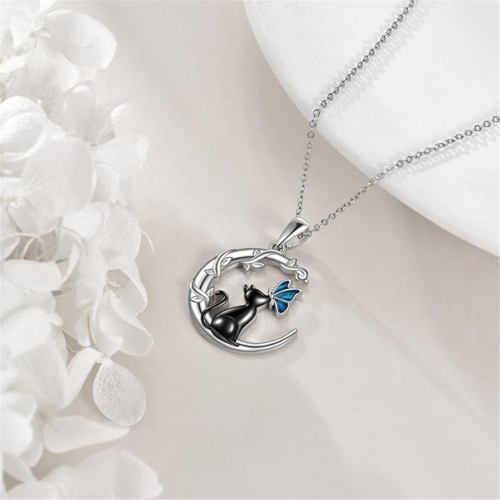 Luxury Female Crystal Stone Moon Cat Butterfly Pendant Necklace Vintage Silver Color Wedding  For Women