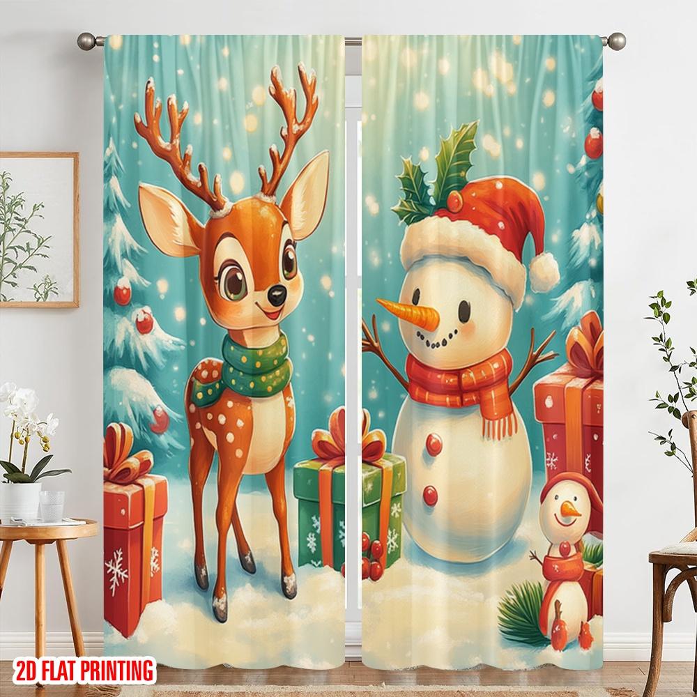 2 Stück, 2D-Flachdruck Vorhangstoff Niedlicher Hirsch Schneemann Weihnachtsgeschenke (3) Polyester (ohne Stange) Zimmerdeko Perfekt für