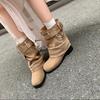 Fashion Women Western  Booties Fashion Slip on Mid Calf Booties Retro Style Thick Heel Autumn Female Shoes