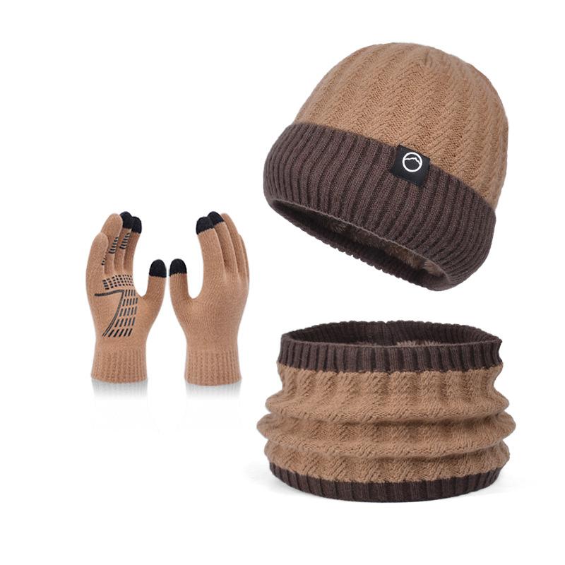 Winter Hat Gloves Scarf Set Men's Knitted Pullover Hat Fleece Warm Ear Protector Wool Hat