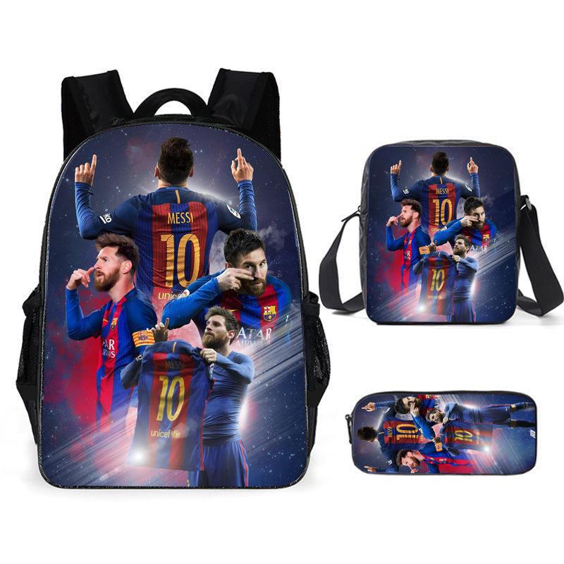 Sac à dos scolaire imprimé Messi pour étudiant Sac à dos Satchel C Luo pour Neymar Ensemble trois pièces