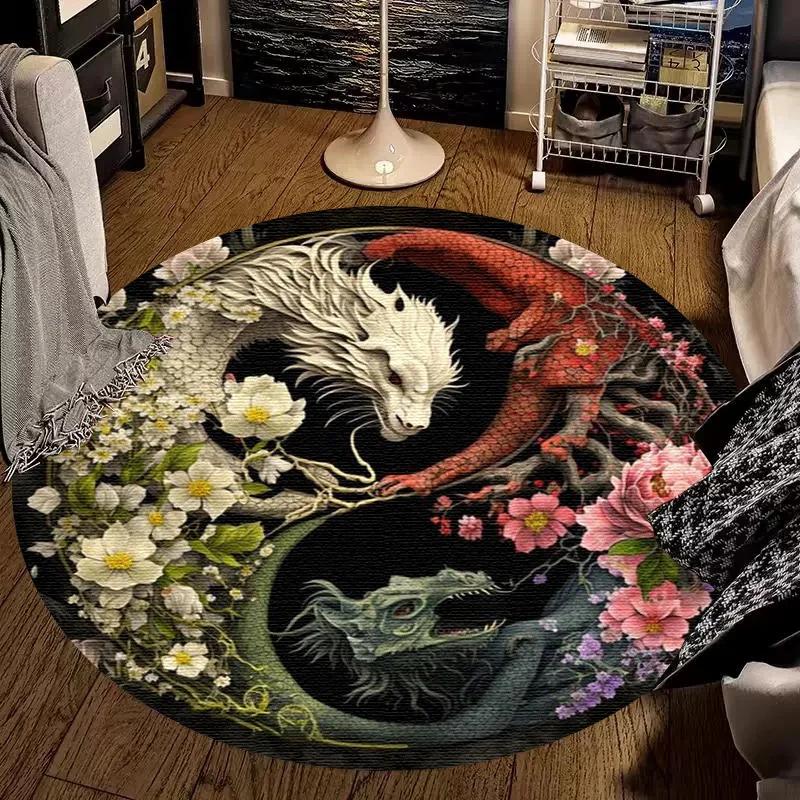 Luxury Sakura Goldfish Dragon Lion Cat Tree Design Carpet Mat Round Machine Washable Rug for Living Room Rugs for Bedroom
