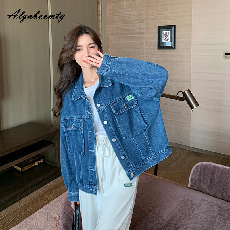 

Корейский стиль весна осень женская базовая джинсовая куртка отложной воротник свободная верхняя одежда длинный рукав простая повседневная свободная женская куртка ONE SIZE