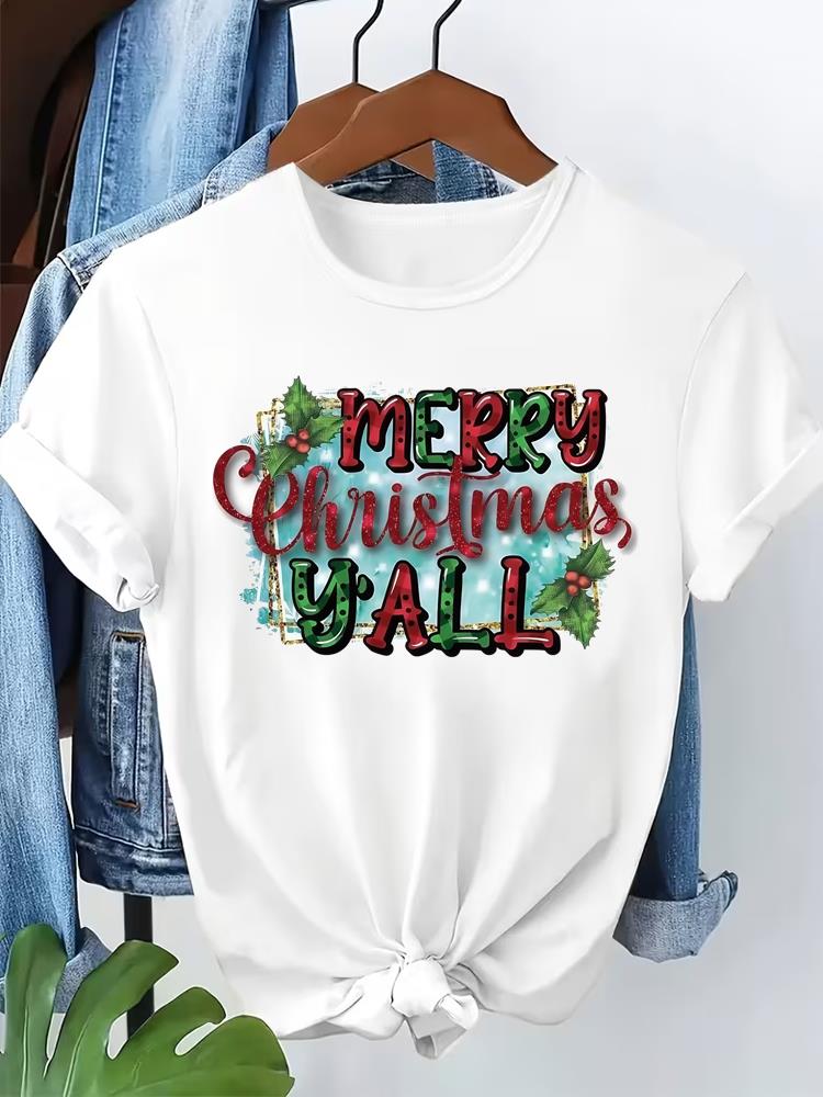 (Asian Size) watercolor cute Short Sleeve T-shirts Merry Christmas Women's Top O-neck T Shirt Print  Fashion Casual New Year Clothing Graphic Tee