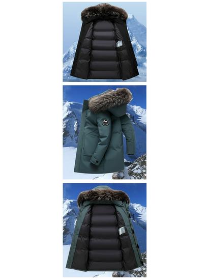 Men's 2025 Mid-Length White Duck Down Jacket with Fur Collar, Plus Size Thick Winter Outerwear