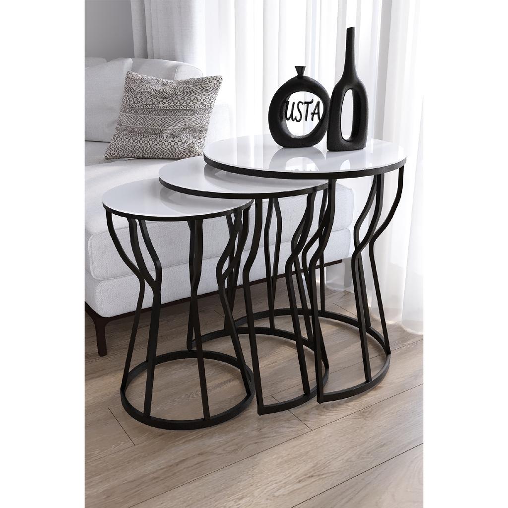 C Hourglass Nesting Table Set Of 3 Black Legs - Black Glass