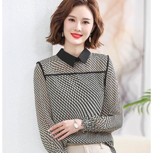 

Шифоновая рубашка с длинными рукавами, топ, женская блузка с принтом для матери, модный топ с кукольным воротником и цветочным принтом, XL-5XL 5XL чёрный