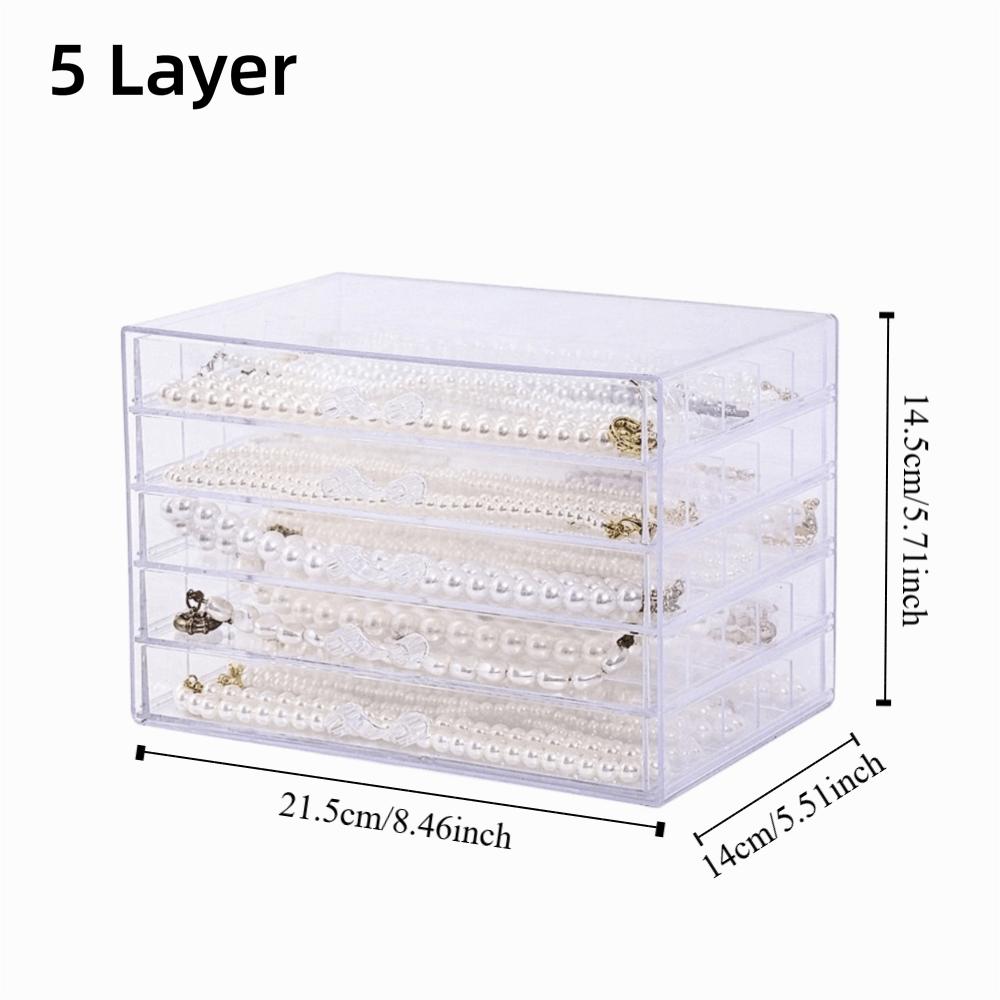 Průhledný úložný box na náhrdelníky, 3/5 vrstvý, prachotěsný zásuvkový organizér na šperky pro ženy