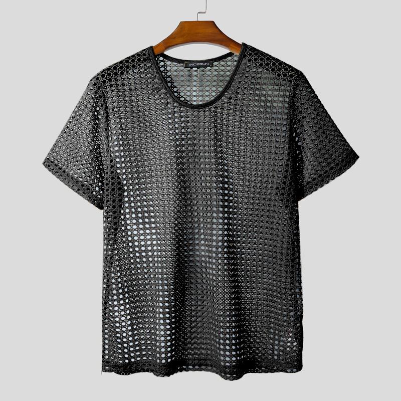 

INCERUN Мужские футболки с V-образным вырезом, с короткими рукавами, с ажурными вставками, просвечивающие топы 5XL чёрный