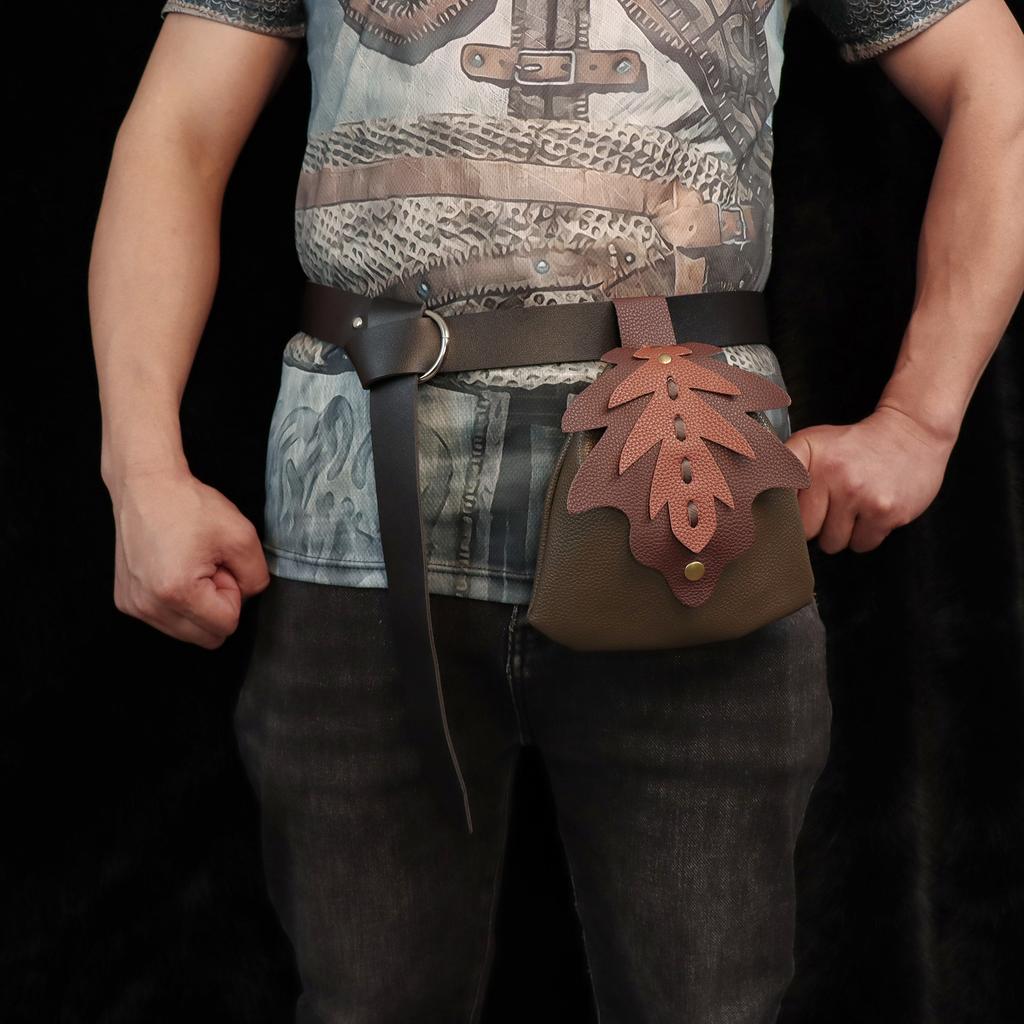 Two-piece Medieval Viking Plain Faux Leather Belt Crossbody Leaf Waist Bag Alchemist Suit Belt Role Play Accessories