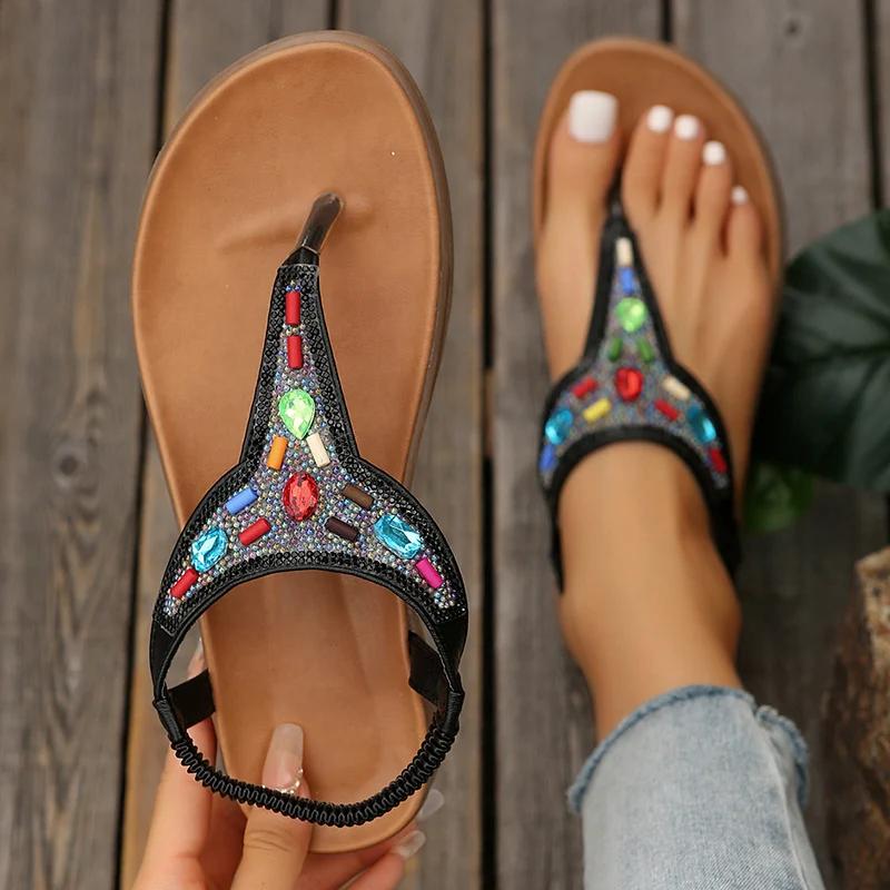

Модные сандалии-гладиаторы с бисерным декором в богемном стиле для женщин Лето 2025 Эластичная лента Перемычка для пальца Римские сандалии Женские Мягкая подошва Нескользящие Пляжная обувь 36 чёрный