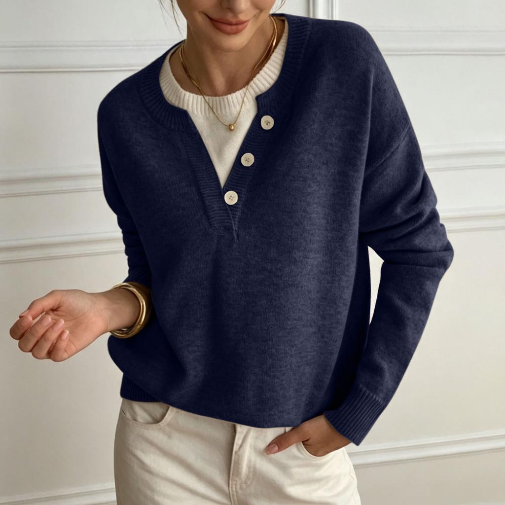 Women's V-Neck Knit Sweater with Button Placket