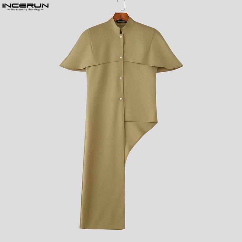INCERUN Men Stand Neck Short Sleeve Buttons Side Splits Irregular Shirts Tops