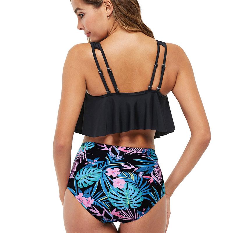 Large Size Women's Fashion Modest Two Pieces Swimsuit Padded Ruffled Top High Waisted Bottom Swimwear Set Printed Backless Tankini Bathing Suit