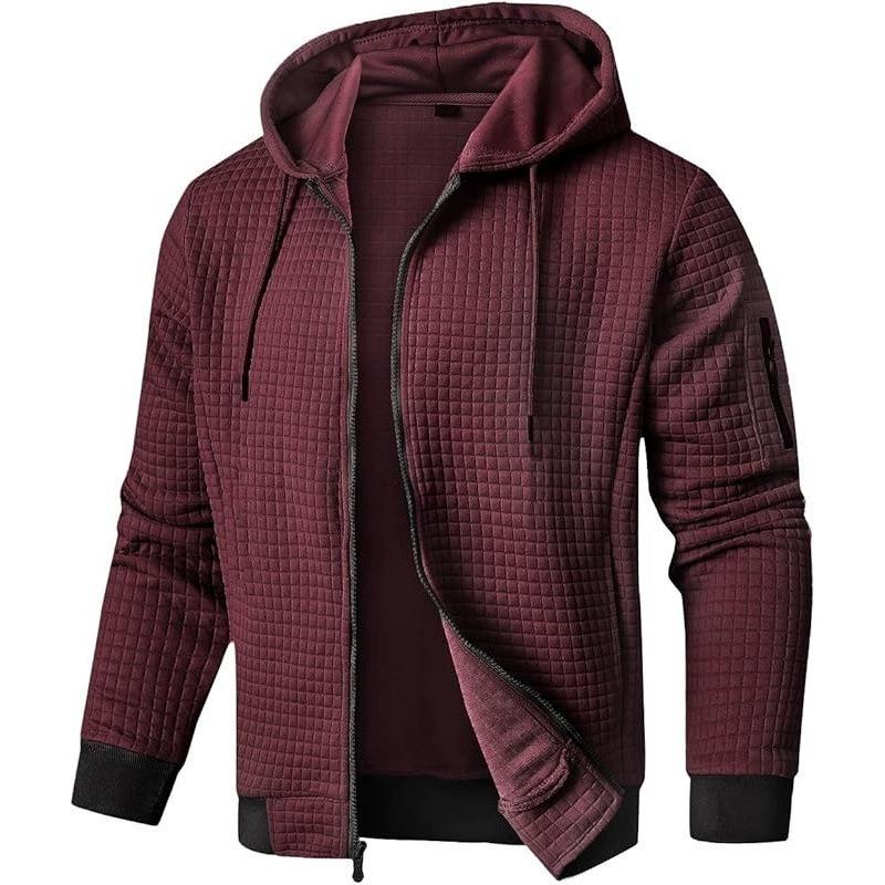 Men S Solid Color Waffle Knit Full Zip Hooded Sweatshirt Casual Jacket