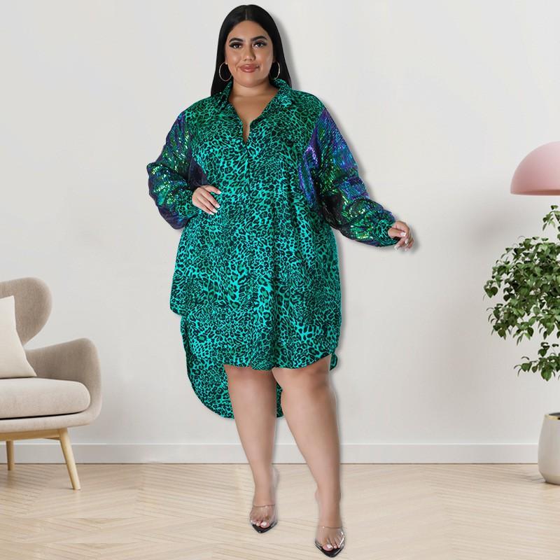 Plus Size Womens Leopard Print Long Sleeve Shirt With Sequin Accent Loose Fit Streetwear Top Winter Collection