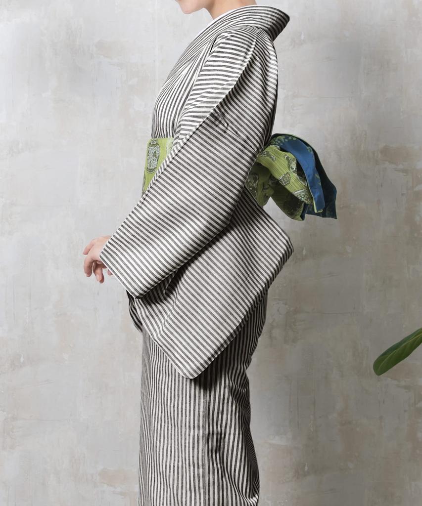 Cotton Polyester Black x [KYOETSU] Kimono, Washable, Single, Blend, Women's, (M, Stripes)