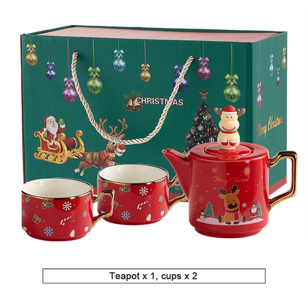 Red Ceramics Teaware Sets Santa Claus Snowman Elk Teapot Teacup Christmas Coffee Cup Saucers Stackable Xmas New Year Gifts