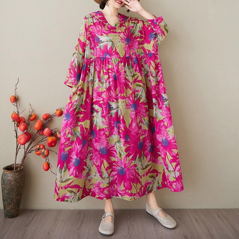 

Большие размеры Хлопок с капюшоном винтажный цветочный новый в платьях для женщин повседневное свободное длинное весенне-летнее платье