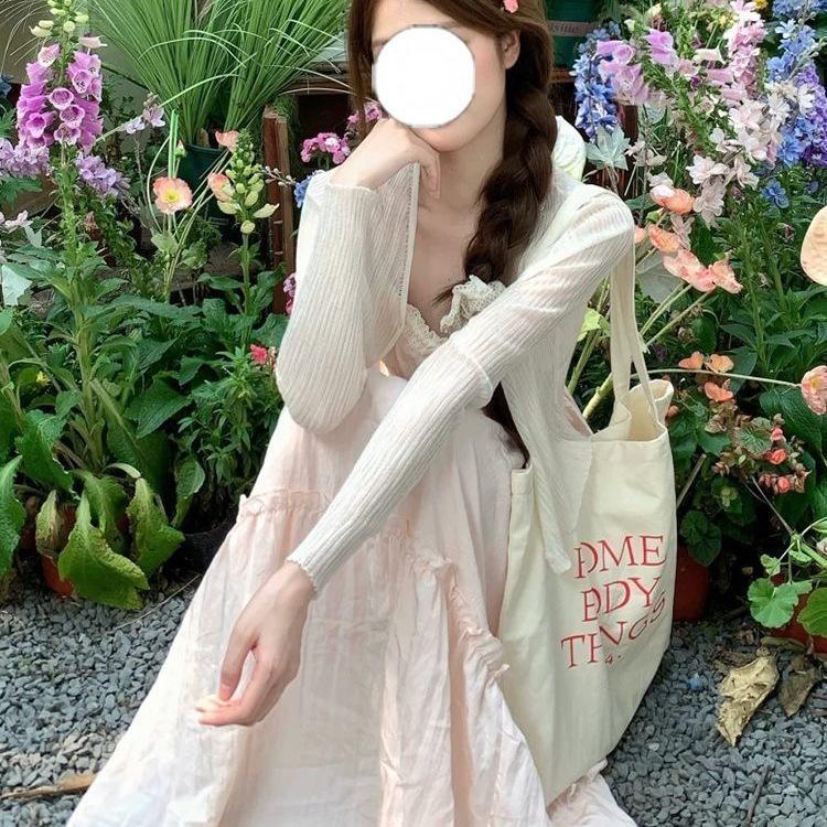 Gentle Pink Lace Camisole & Cardigan Set with Waist-Hugging Summer Dress