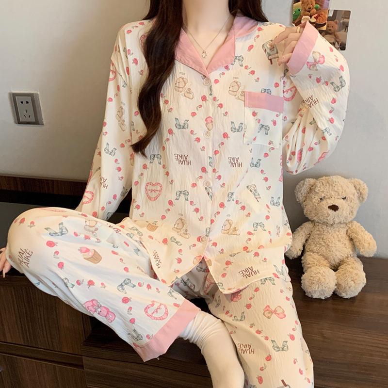 Idyllic Clouds Cotton Edge Princess Collar Pajamas Women'S Long Sleeves Trousers Homewear