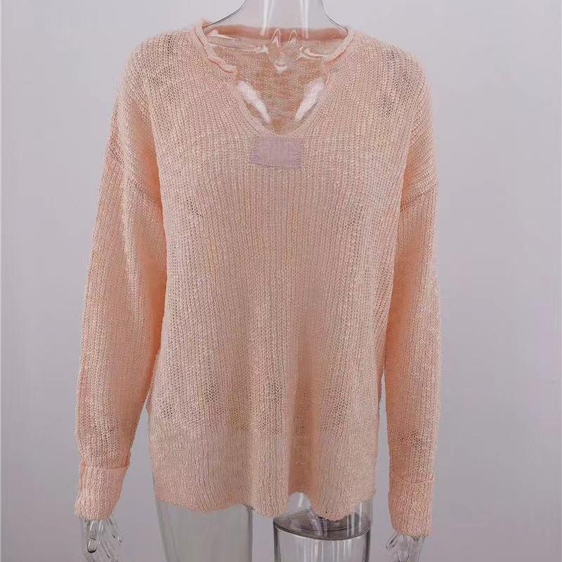 IHUASU Autumn and Winter V-neck Women's Knitted Loose Solid Colour Fashion Pullover Jumper