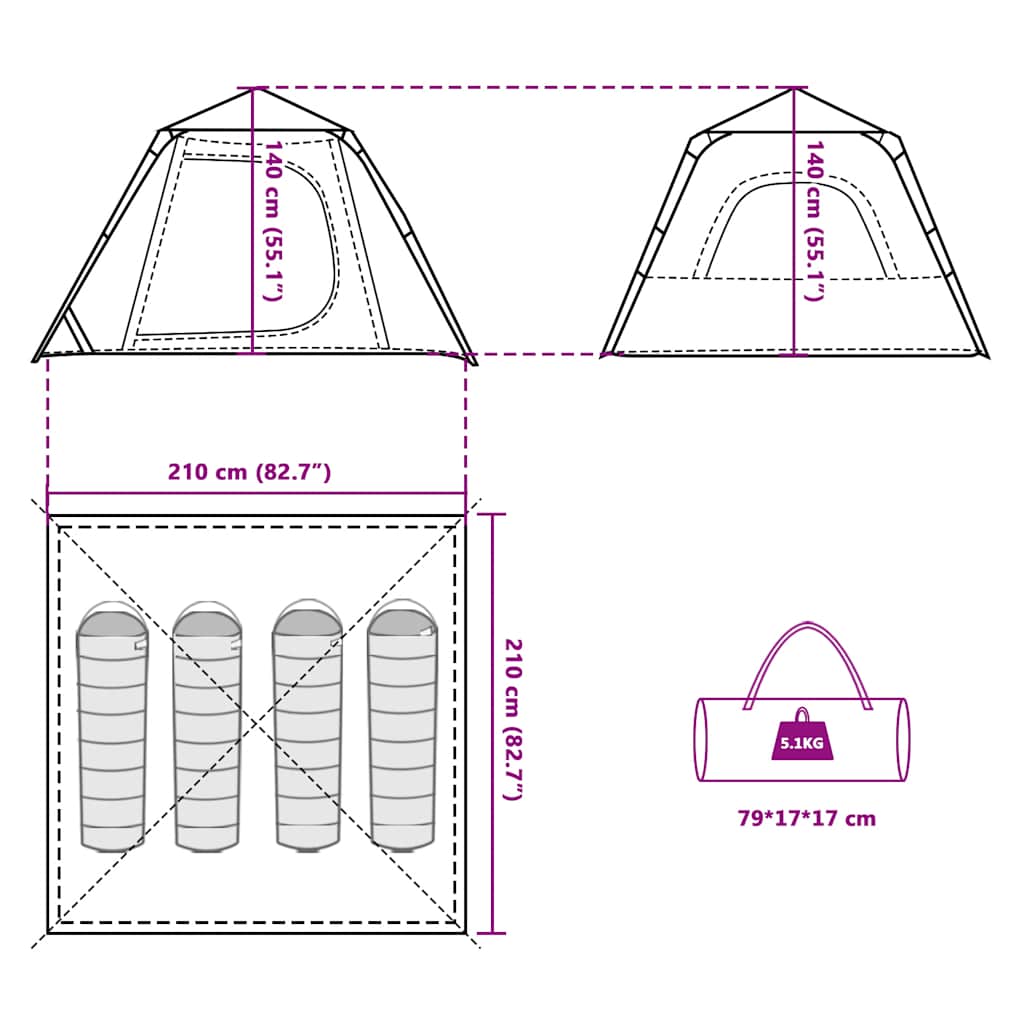 Dome Camping Tent for 4 Persons Blue Quick Release