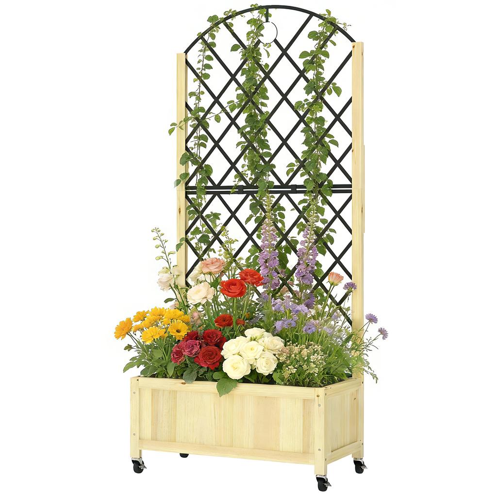 Raised Garden Bed with Metal Trellis, Wooden Elevated Planter Box with Lockable Wheels, Outdoor Raised Planter, Natural