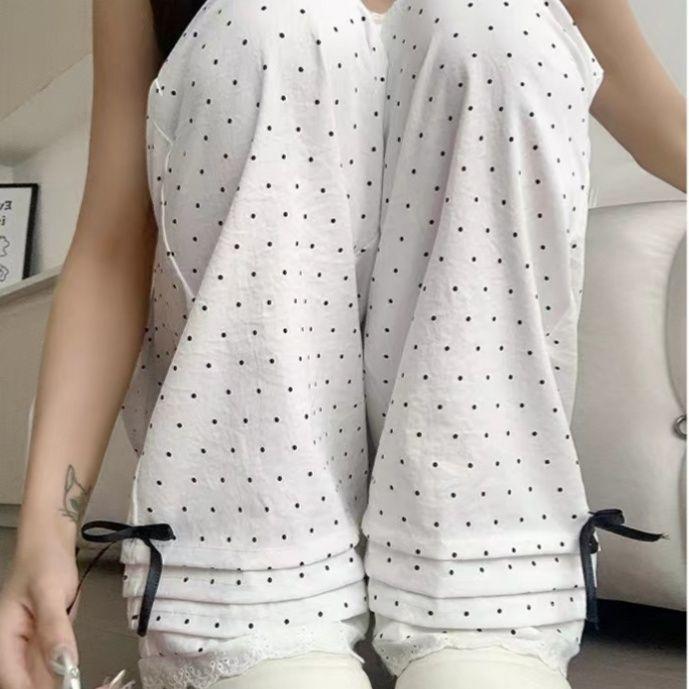 Women's Summer Lace Bowknot Lazy Polka Dot Lounge Pants - Loose Versatile Wide-Leg Trousers