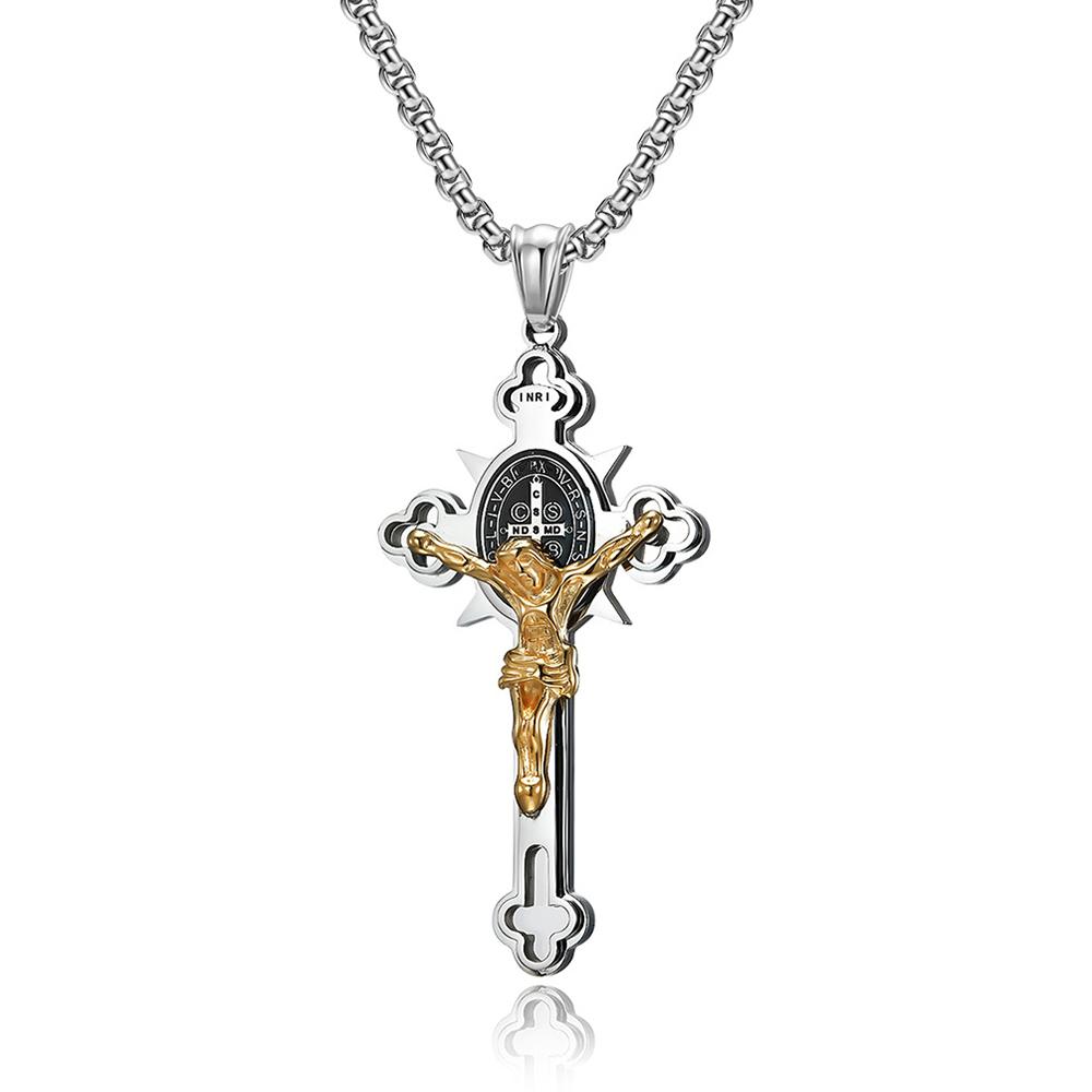 Vintage Christian Jesus Cross Pendant Necklace Men's Stainless Steel Religious Jesus Necklaces Prayer Baptism Jewelry