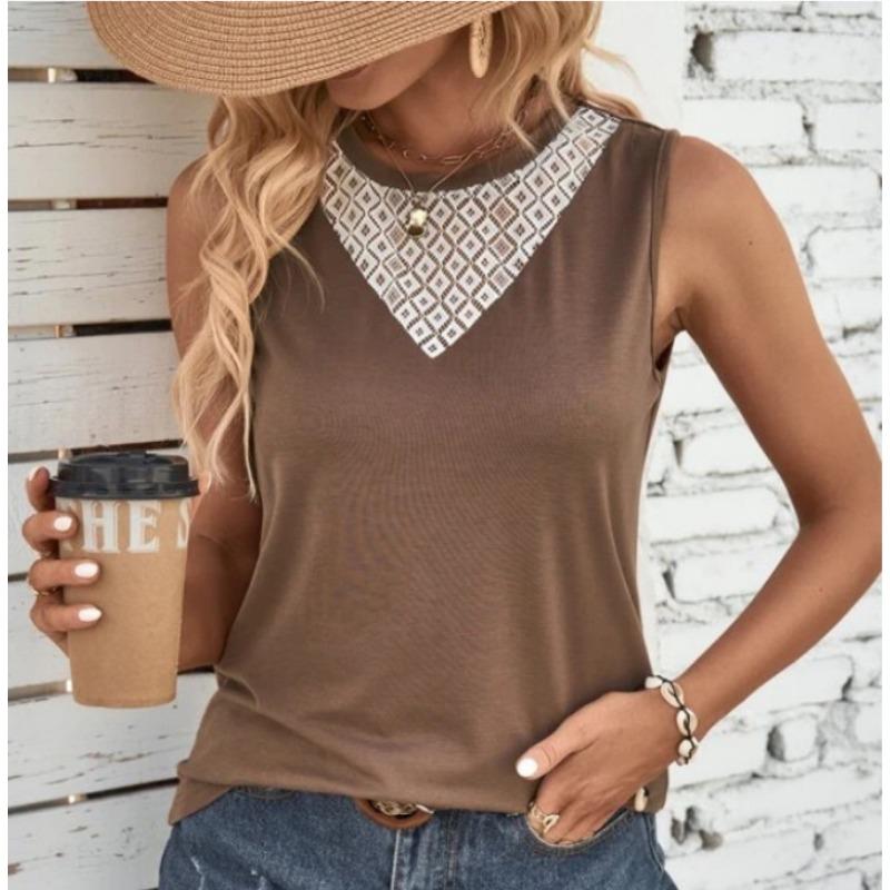 

Новый простой летний жилет без рукавов с круглым вырезом и кружевом в стиле пэчворк L темно-коричневого