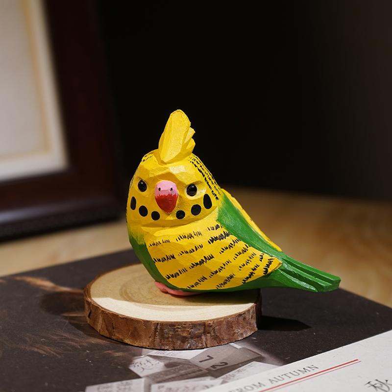 Hand Carved Wooden Bird Cute Sparrow Parrot Chickadee Animal Desktop Decor Original Wood Style