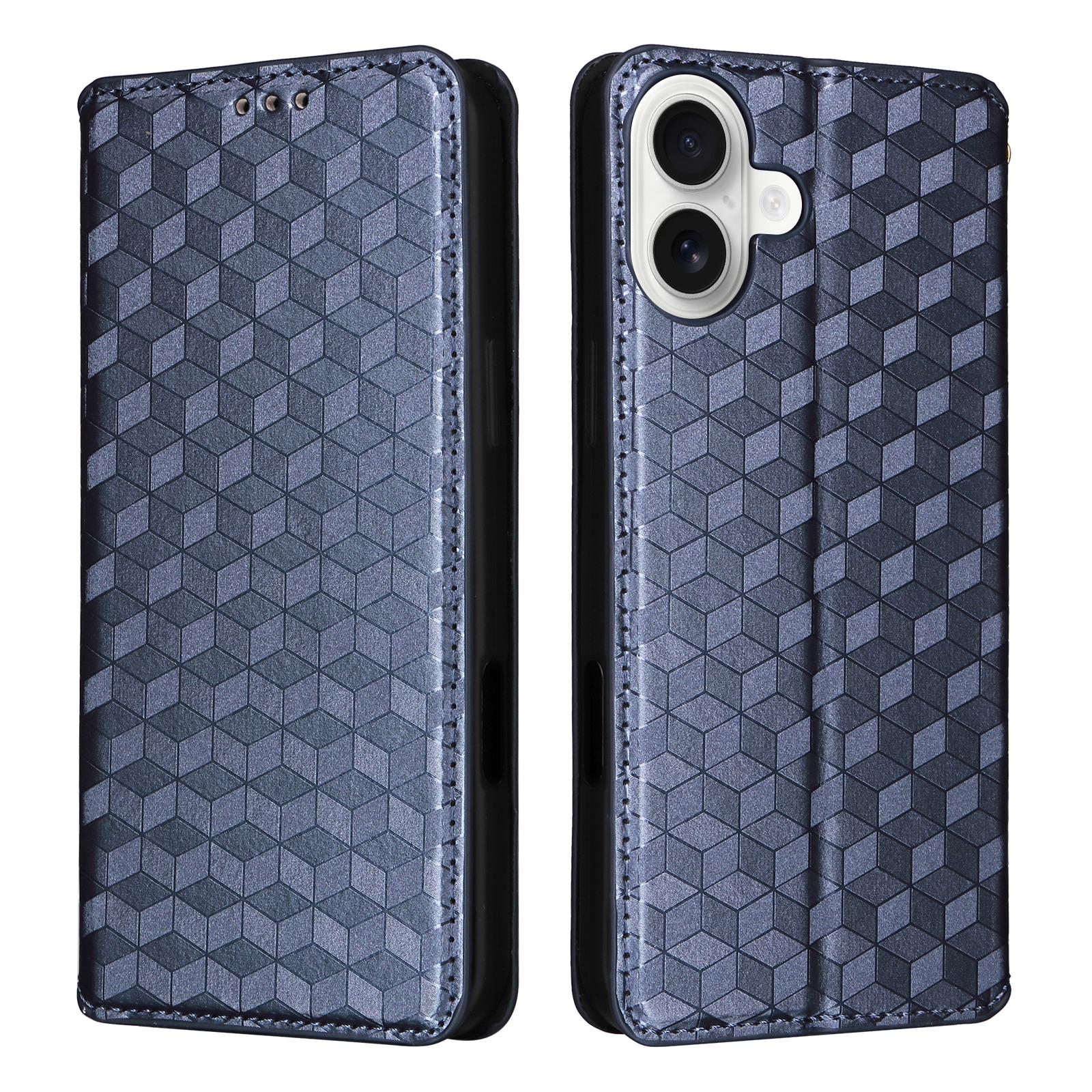For iPhone 16 Wallet Case Rhombus Imprinted Leather Phone Cover A