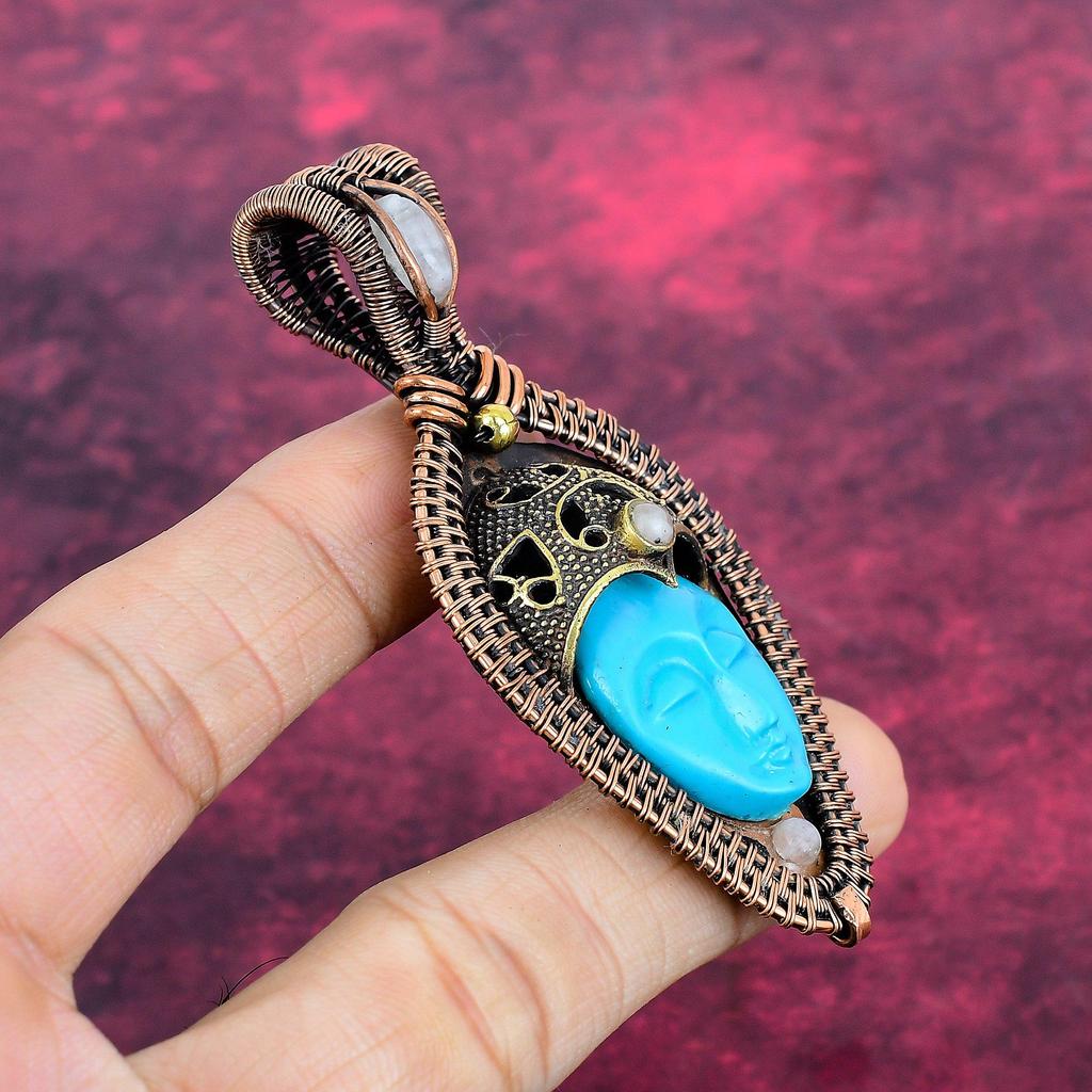 Blue Carved Bone Face Pendant Copper Wire Wrapped Pendant Handmade Jewelry Rainbow Moonstone Pendant Gemstone Copper Jewelry