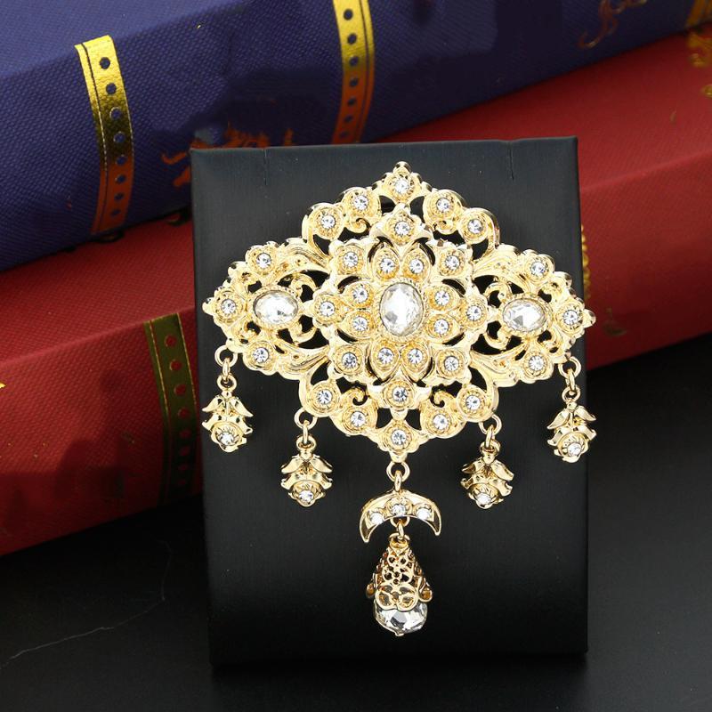 Scratch Resistant Crystal Women Brooch Gold Tone Morocco Jewelry for Arabic Hijab Silk Scarf Long Lasting Shine