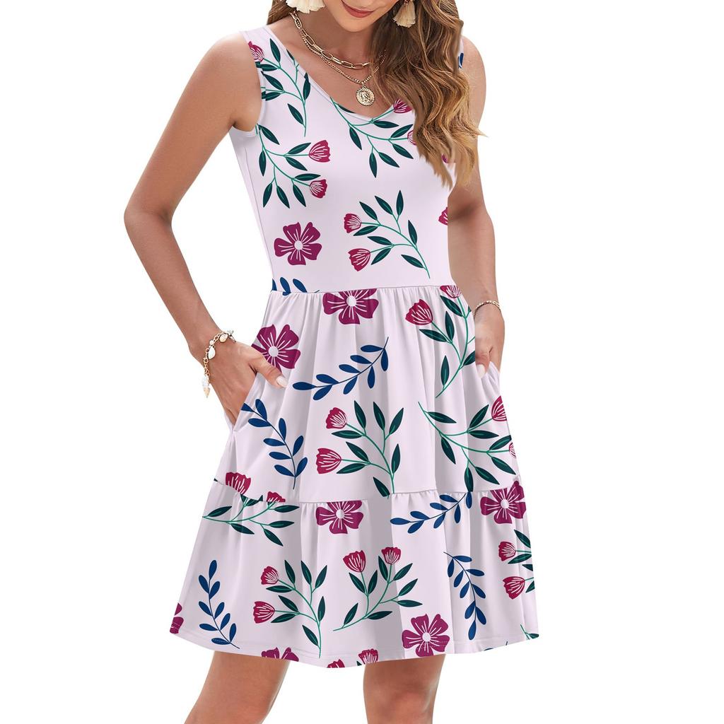 Damen Sommer Mode Lässig V-Ausschnitt Plissee Steppnaht Kleiner Blumendruck Ärmellos Westenkleid Mit Taschen