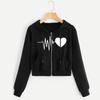 Women Heartbeat Print Long Sleeve Zipper Pocket Shirt Hooded Sweatshirt Tops