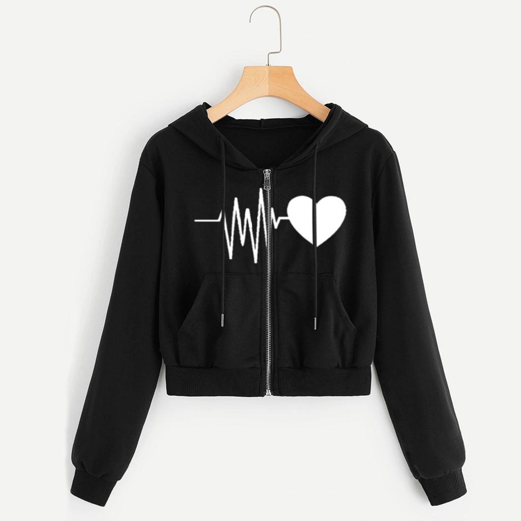 Women Heartbeat Print Long Sleeve Zipper Pocket Shirt Hooded Sweatshirt Tops