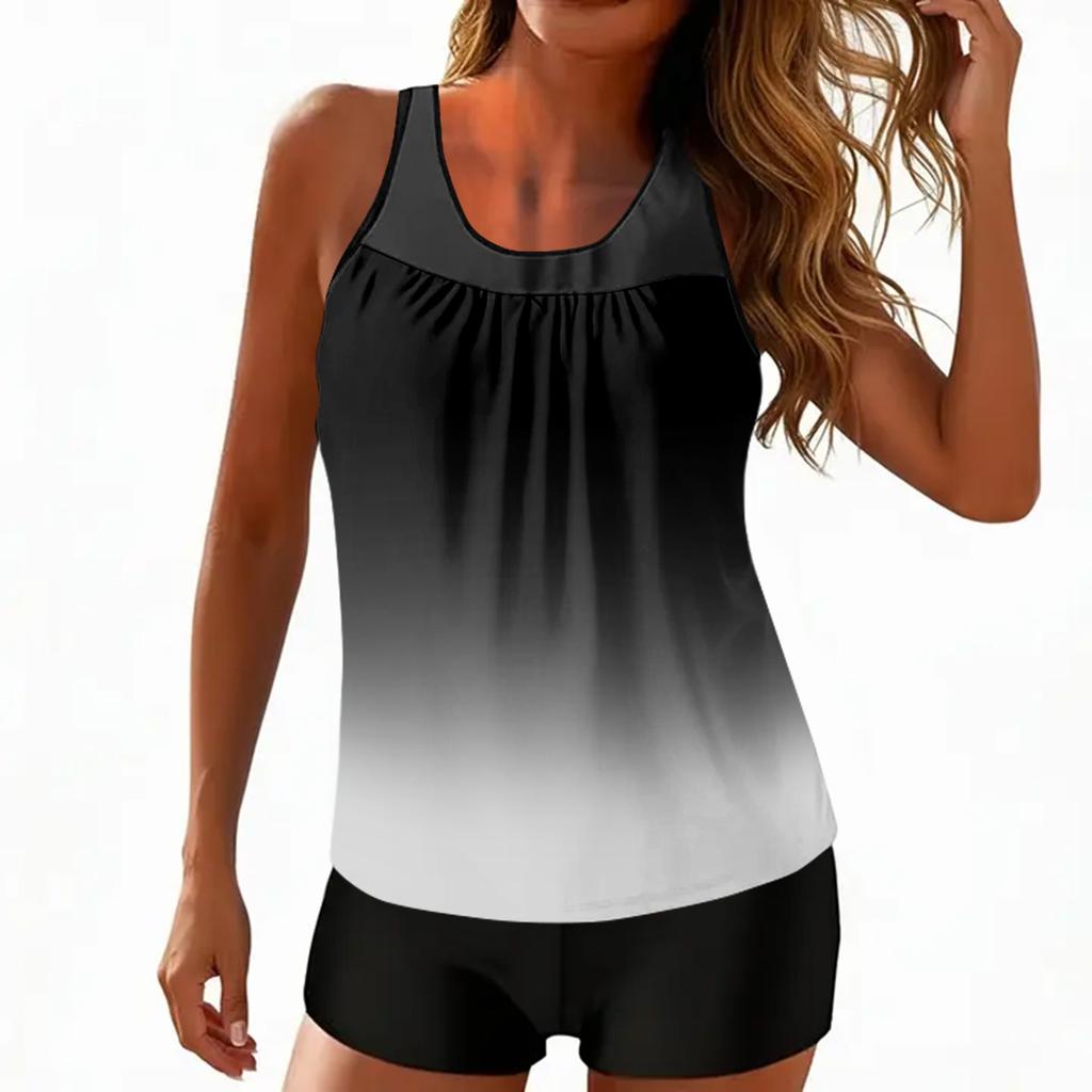 Women’s Gradient Tankini Set Scoop Neck Sleeveless Loose Fit Top with Shorts Two Piece Swimsuit for Beach Pool