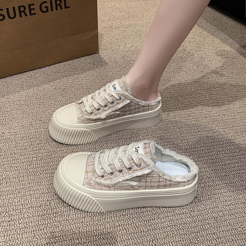 New Fashion Women's Thick Slippers with Baotou Women's Summer Outfit Spring and Autumn Slip-on White Canvas Shoes Zapatos Mujer