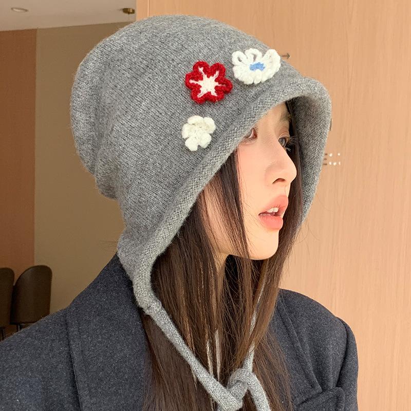 Autumn and Winter Lace-up Hat Women's Windproof and Warm Stack Hat Personalized Flower Hat