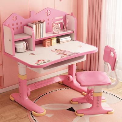 Kids Functional Desk Chair Set, Height Adjustable Children Study Desk with Castle Backboard, Widened Desktop, Bookstand and Storage Drawer (Pink)