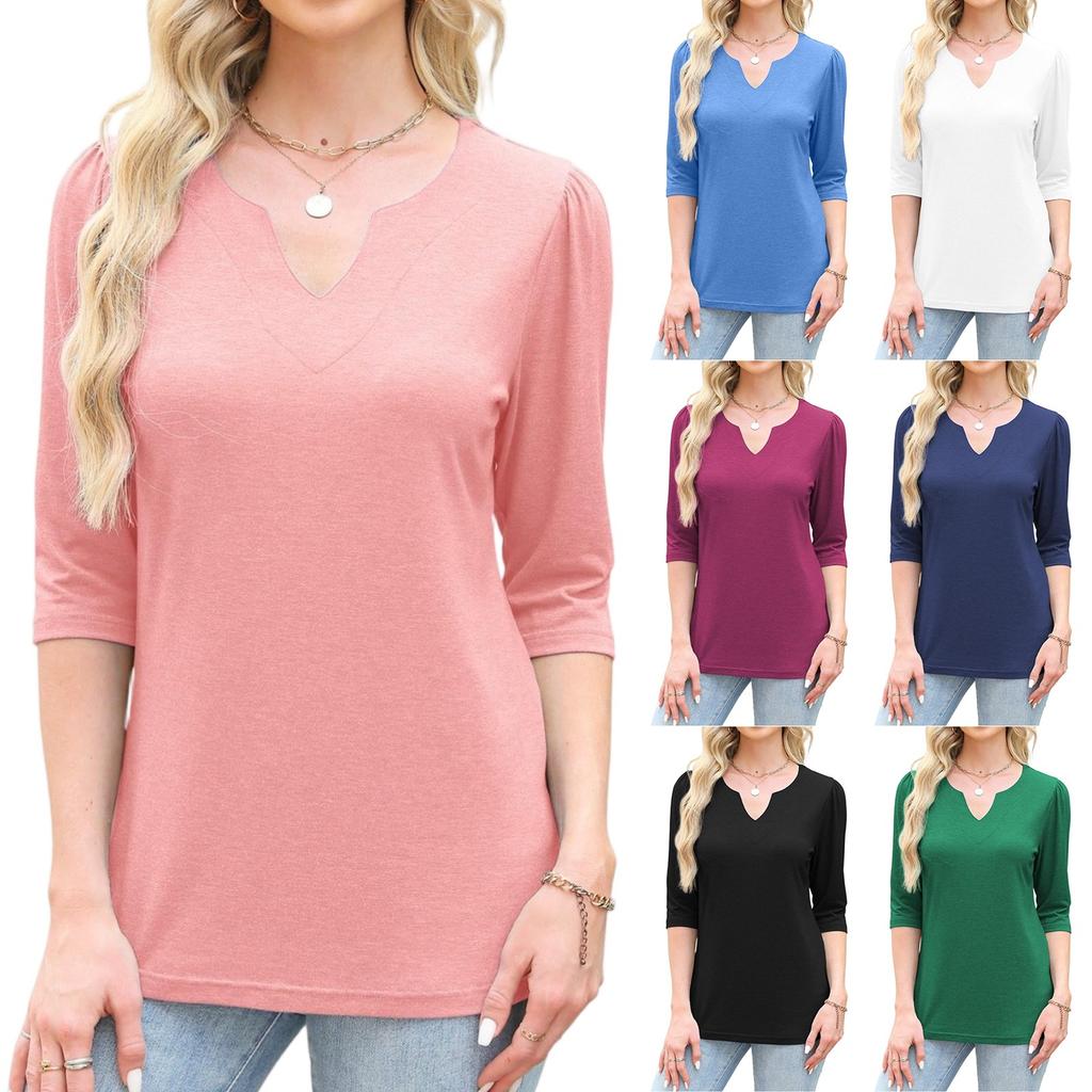 Women's Fashion 7-inch Sleeve Pullover Solid Color Top