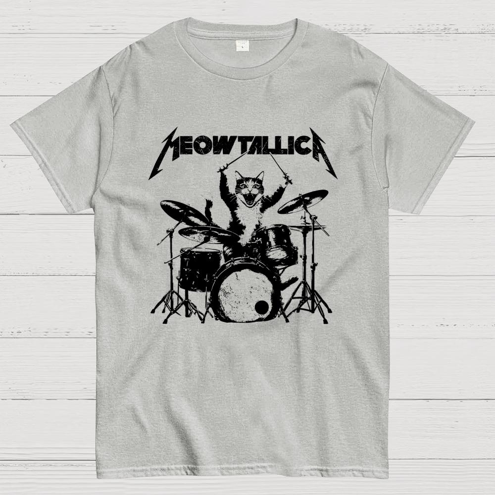 Meowtallica Cat Drummer funny cat Cotton Casual Cool Loose T-Shirt