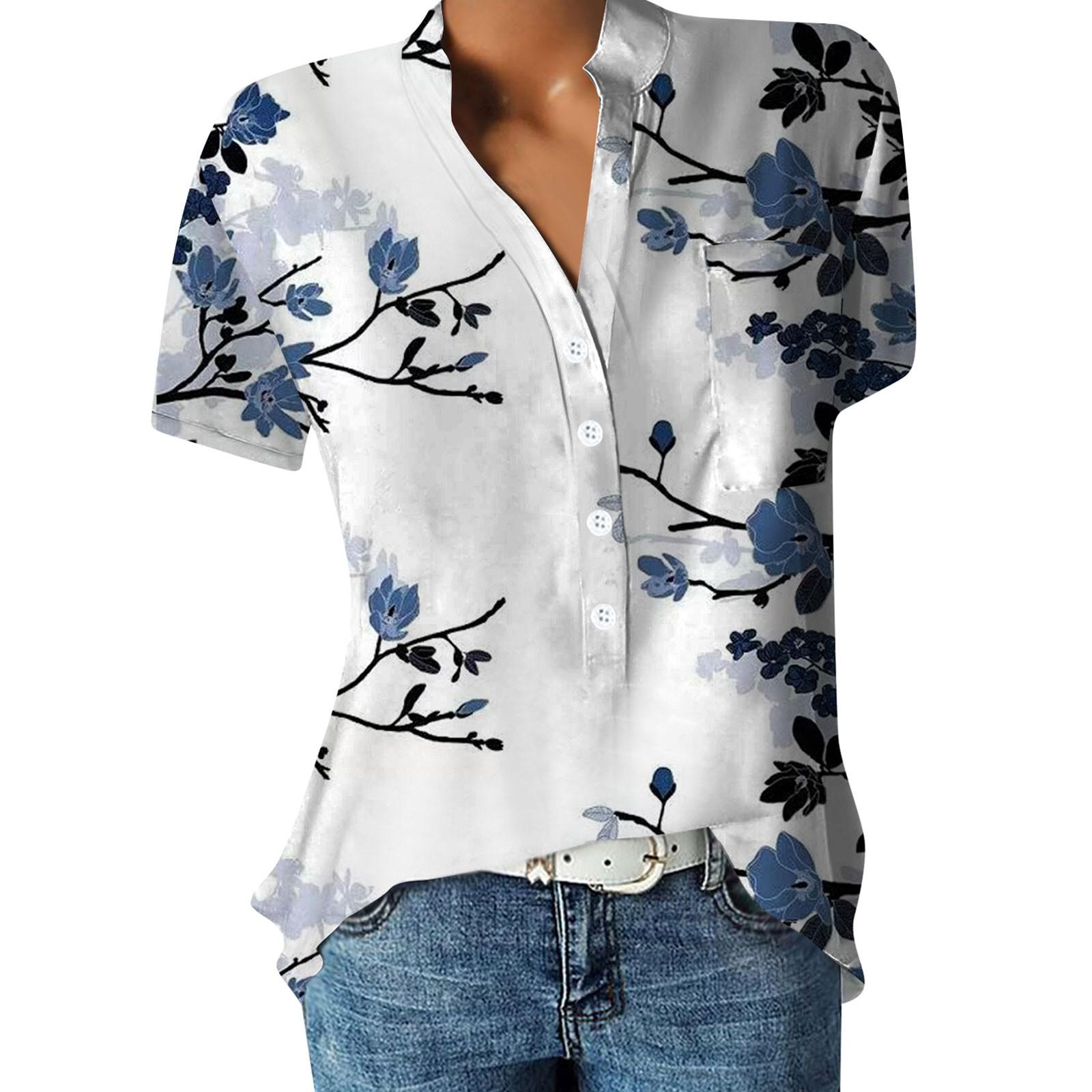 

Женская повседневная рубашка на пуговицах с короткими рукавами и принтом L синий