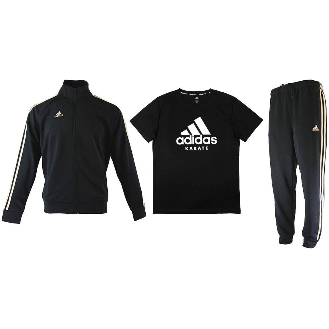 

Adidas Полосатая куртка реглан с длинным рукавом, футболка с коротким рукавом и принтом, брюки с манжетами на шнурке, повседневный спортивный комплект для мужчин TR30JR-BG+ADICTKP-BW+TR30P1R S