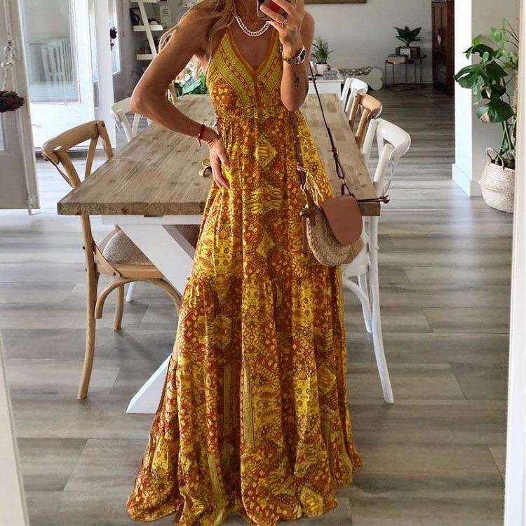 Women's Bohemian Floral Printed V-neck Long Skirt High Waisted Camisole Dress New Style
